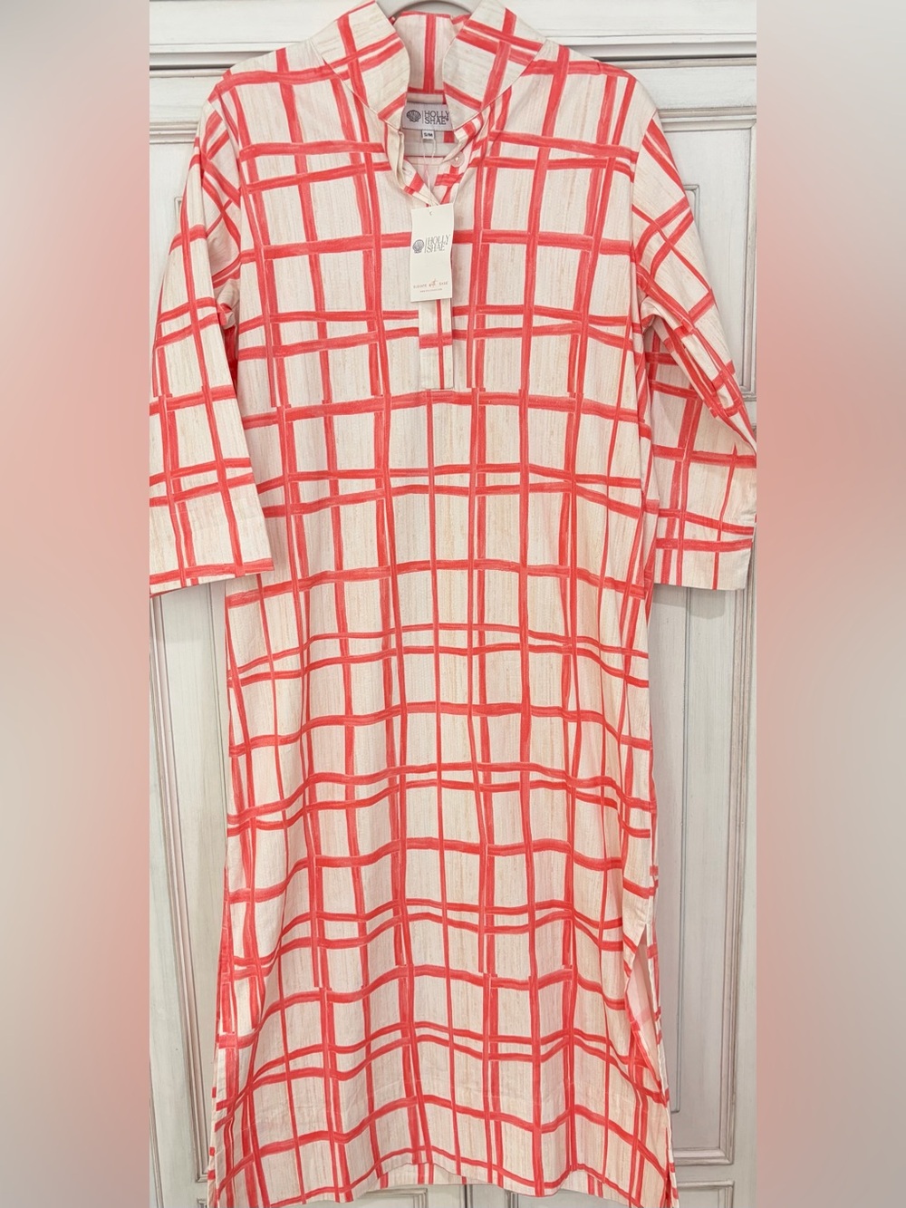 NWT SZ S/M fits like a L Holly Shae stretch cotton midi dress coral and cream
